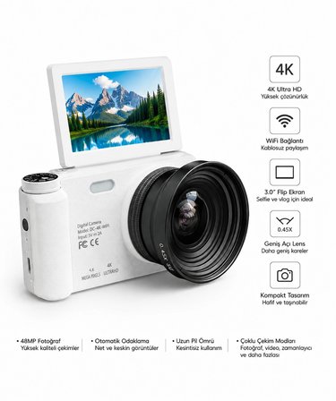 4K WiFi Dijital Fotoğraf Makinesi – 0.45X Geniş Açı Lensli, Döner Ekranlı Kompakt Vlog Kamera