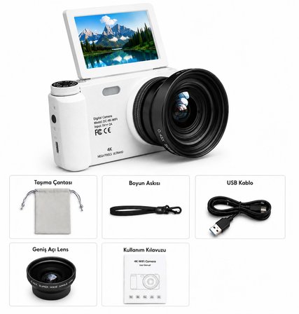 4K WiFi Dijital Fotoğraf Makinesi – 0.45X Geniş Açı Lensli, Döner Ekranlı Kompakt Vlog Kamera