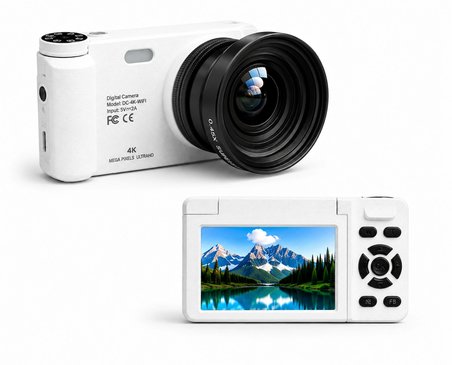 4K WiFi Dijital Fotoğraf Makinesi – 0.45X Geniş Açı Lensli, Döner Ekranlı Kompakt Vlog Kamera