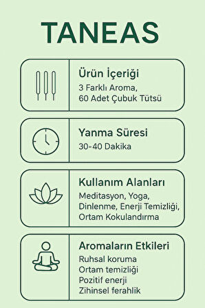 Taneas 3’lü Çubuk Tütsü Seti – Arruda, Adaçayı, Yeşil Elma –3x20’li Paket– Ruhsal Temizlik ve Huzur