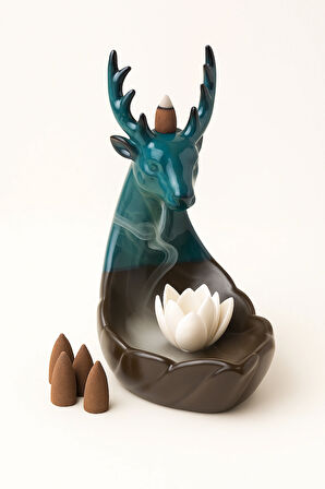 Zen Geyik Figürlü Seramik Geri Akış Tütsülük 18x10x18 cm Isıya Dayanıklı Dekoratif Buhurdanlık