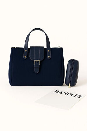 Kadın Süet Deri Detaylı El ve Omuz Çantası Seti