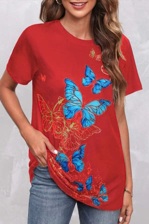buğrahayalin Kadın Kısa Kollu Mavi Sarı Kelebek Baskı Süprem T-shirt