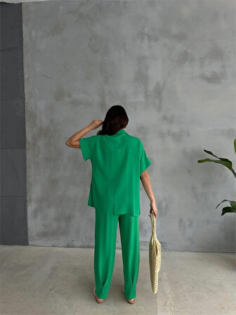 buğrahayalin OMUZ MİDYE SIRALI BLUZ - PAÇA PENSLİ PANTOLON TAKIM - Yeşil