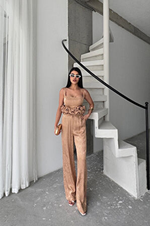 buğrahayalin JAKARLI BLUZU TASARIM DETAYLI CEKET-PANTOLON-BLUZ 3 LÜ TAKIM - Bej