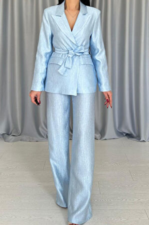 buğrahayalin Mavi Beli Kuşaklı Ceket Ve Pantolon Parlak Takım
