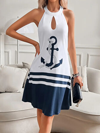 buğrahayalin Kadın Askılı çıpa Baskılı Sırtı Açık Kısa Süprem Elbise