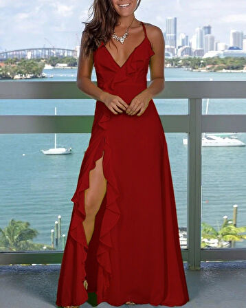 buğrahayalin Kadın Ip Askılı Dekolteli Yırtmaç Detay Krep Elbise