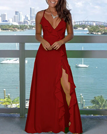 buğrahayalin Kadın Ip Askılı Dekolteli Yırtmaç Detay Krep Elbise