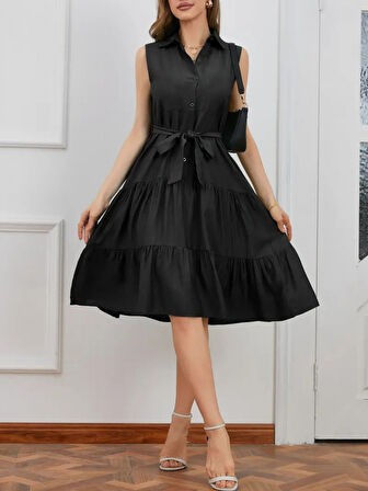 buğrahayalin Kadın Kısa Kollu Gömlek Yaka Düğmeli Beli Kuşaklı Katlı Dokuma Midi Elbise