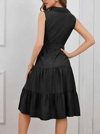 buğrahayalin Kadın Kısa Kollu Gömlek Yaka Düğmeli Beli Kuşaklı Katlı Dokuma Midi Elbise