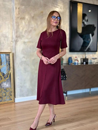 buğrahayalin Kadın Kısa Kollu Bisiklet Yaka Midi Viskon Iki Iplik Elbise