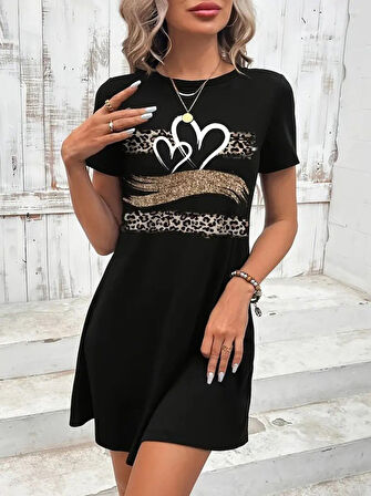 buğrahayalin Kadın Kısa Kollu Bisiklet Yaka Desenli Viskon Elbise