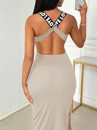 buğrahayalin Kadın Yuvarlak Yaka Sırttan çapraz şerit Love Detaylı Yırtmaçlı Viskon Elbise