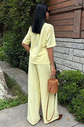 buğrahayalin Hakim Yaka Çapraz Düğmeli Plazzo Pantolon Viscon Keten Takım 10209