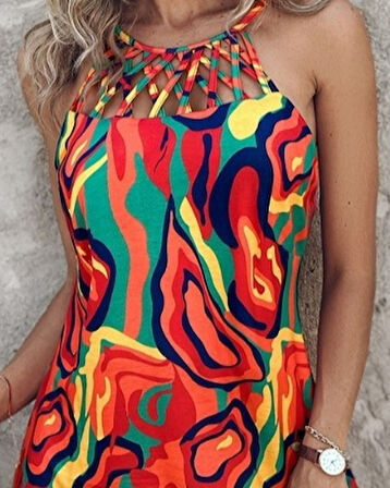 buğrahayalin Kadın Omuzlardan Açık çapraz şerit Detaylı Desenli Süprem Elbise