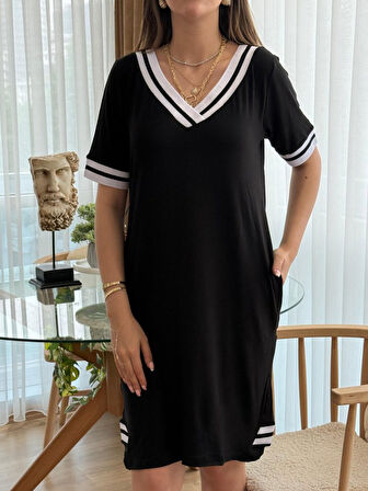 buğrahayalin Kadın Kısa Kollu V Yaka Ribana Detaylı Cepli Dizüstü Viskon Elbise