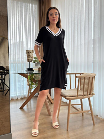 buğrahayalin Kadın Kısa Kollu V Yaka Ribana Detaylı Cepli Dizüstü Viskon Elbise