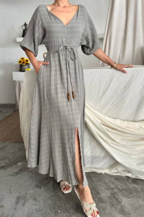 buğrahayalin V YAKA BEL BONCUK BAĞLAMALI MÜSLİN ELBİSE YIRTMAÇ DETAYLI - Gri