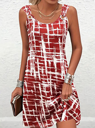 buğrahayalin Kadın Askılı Kuş Gözü Detaylı Desenli Süprem Elbise