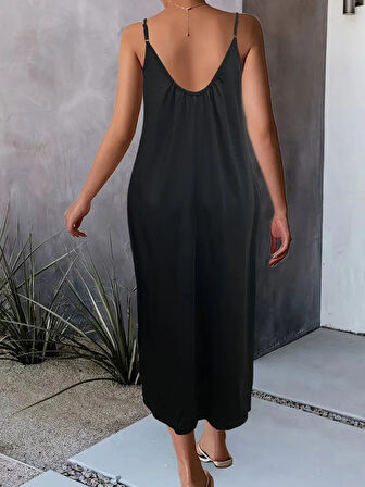 buğrahayalin Kadın Ip Askılı Geniş V Yakalı Viskon Elbise