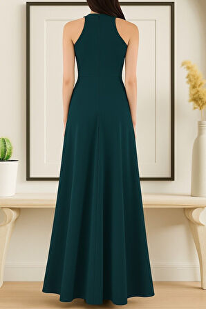 buğrahayalin Kadın Kolsuz Halter Yaka Derin Yırtmaç Detaylı Tam Boy Ithal Krep Elbise