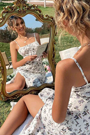 buğrahayalin Kadın Ip Askılı Yakadan Bağcıklı Desenli Süprem Elbise