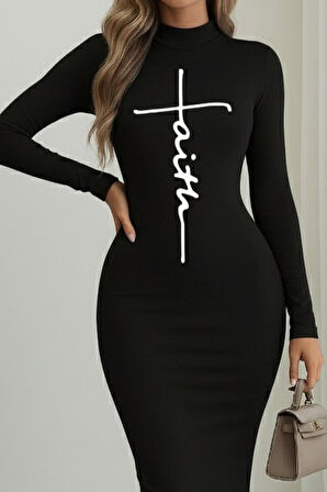 buğrahayalin Kadın Uzun Kollu Boğazlı Baskı Detaylı Viskon Tam Boy Elbise