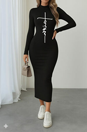 buğrahayalin Kadın Uzun Kollu Boğazlı Baskı Detaylı Viskon Tam Boy Elbise