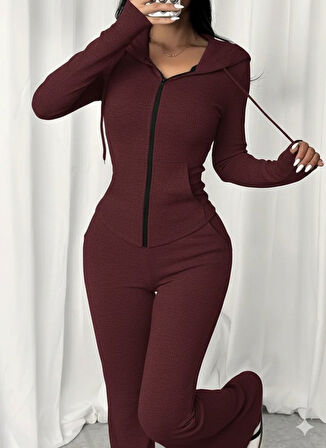 buğrahayalin Kadın Uzun Kollu Kapşonlu Bağcıklı önü Fermuarlı Viskon Iki Iplik Bluz Ve Pantolon Ikili Takım