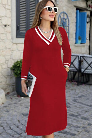 buğrahayalin Kadın Uzun Kollu V Yakalı Yandan Yırtmaçlı Iki Iplik Midi Elbise