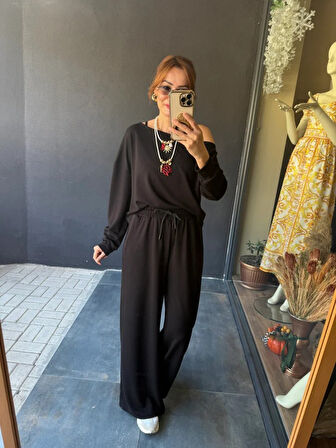 buğrahayalin Kadın Uzun Kollu Tek Omuzdan Açık Viskon Iki Iplik Bluz Ve Pantolon Ikili Takım