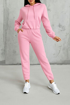 buğrahayalin Kadın Uzun Kollu Kapşonlu Bağcıklı üç Iplik Bluz Ve Pantolon Ikili Takım