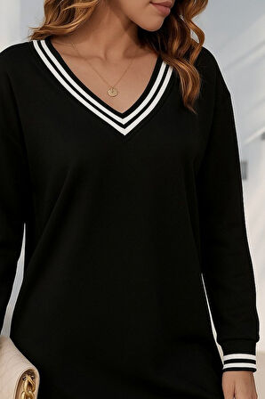 buğrahayalin Kadın Uzun Kollu V Yakalı şerit Detaylı Kısa Viskon Iki Iplik Elbise