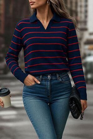 buğrahayalin Kadın Uzun Kollu V Yaka çizgili Triko Bluz