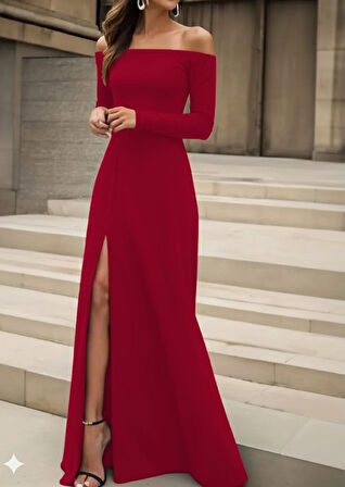 buğrahayalin Kadın Uzun Kollu Madonna Yakalı Yırtmaç Detaylı Uzun Ithal Krep Elbise