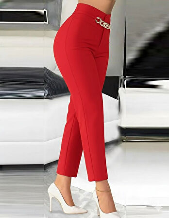 buğrahayalin Kadın Yüksek Bel önden Zincir Detaylı Ithal Krep Pantolon