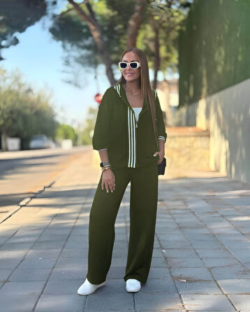 buğrahayalin Kadın Uzun Kollu Kapşonlu Onu şerit Detaylı Fermuarlı Viskon Iki Iplik Bluz Ve Pantolon Ikili Takım