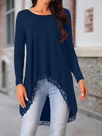 buğrahayalin Kadın Uzun Kollu Bisiklet Yaka Asimetrik Kesim Detaylı Dantelli Viskon Bluz