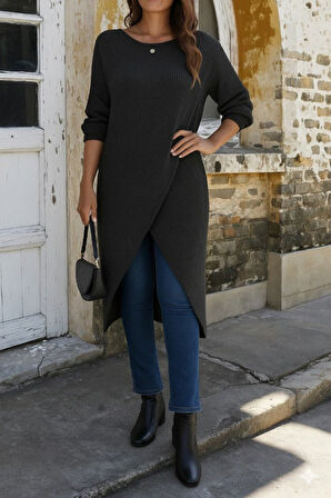 buğrahayalin Kadın Uzun Kollu Bisiklet Yakalı önden çapraz Kesim Detaylı Midi Triko Elbise