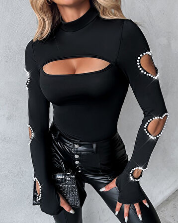 buğrahayalin Kadın Uzun Kollu Yarı Balıkçı Yaka Pencere Detaylı Kolları Kalp Desen Taşlı Viskon Bluz