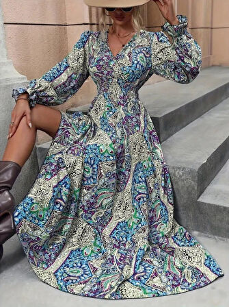 buğrahayalin Kadın Uzun Kollu Kruvaze Yakalı Desenli Süprem Maxi Elbise