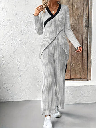 buğrahayalin Kadın Uzun Kollu V Yakalı çapraz Detaylı şardonlu Kaşkorse Bluz Ve Pantolon Ikili Takım