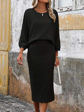 buğrahayalin Kadın Uzun Kollu Yuvarlak Yakalı şardonlu Kaşkorse Bluz Ve Etek Ikili Takım