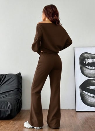 buğrahayalin Kadın Uzun Kollu Tek Omuzdan ıkmiki Iplik Bluz Ve Pantolon Ikili Takım
