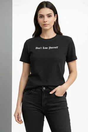 buğrahayalin Wafıl Kumaş Tişört Regular Kalıp Bisiklet Yaka Baskılı Günlük Basic T-Shirt - Siyah