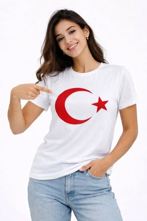 buğrahayalin T-Shirt Kısa Kol Bisiklet Yaka Ay Yıldız Bayrak Baskılı Tişört - Beyaz