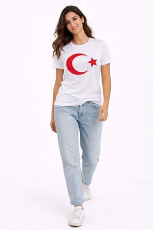 buğrahayalin T-Shirt Kısa Kol Bisiklet Yaka Ay Yıldız Bayrak Baskılı Tişört - Beyaz