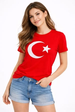 buğrahayalin T-Shirt Kısa Kol Bisiklet Yaka Ay Yıldız Bayrak Baskılı Tişört - Kırmızı