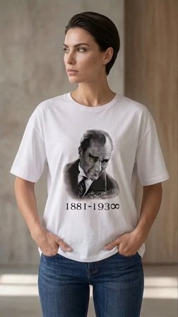 buğrahayalin Atatürk Baskılı Tişört Kısa Kollu Bisiklet Yaka T-Shirt - Beyaz
